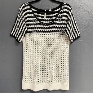 Sunset Rd. White & Black Striped Open Knit Tunic Sweater